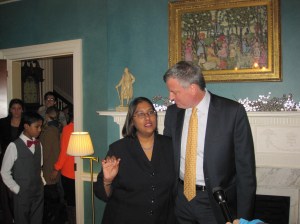 Bill de Blasio greets visitors to his open house at Gracie Mansion.