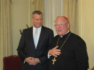 Bill de Blasio and Cardinal Dolan after their meeting today.