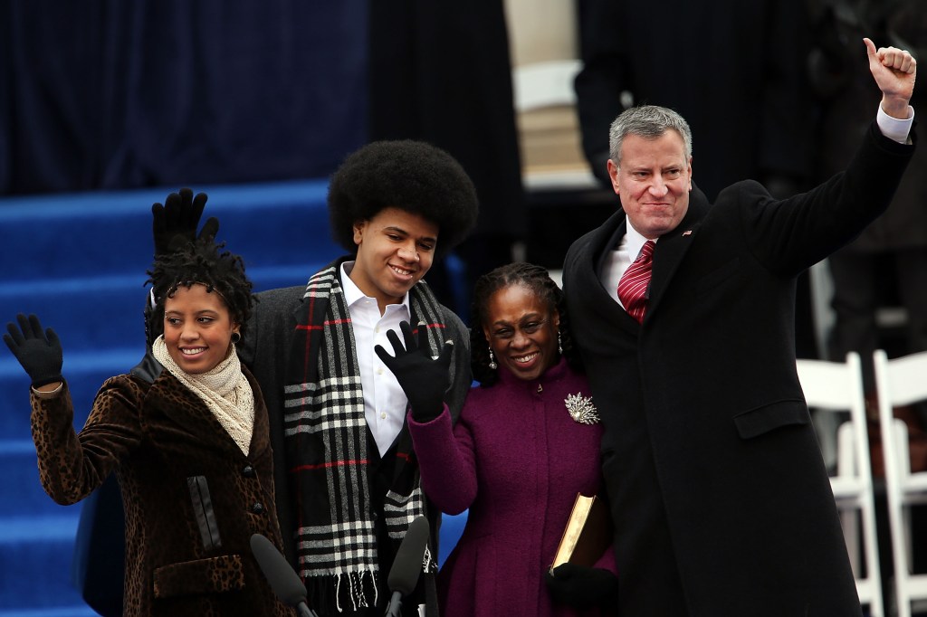 Bill de Blasio and his family on stage at the inauguration. (Photo: Spencer Platt/Getty Images) 