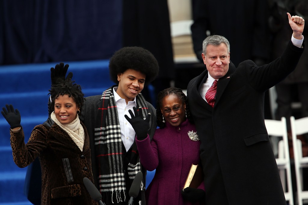 Bill de Blasio and his family on stage at the inauguration. (Photo: Spencer Platt/Getty Images)