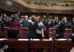 Jimmy Van Bramer and Melissa Mark Viverito hug. (Photo: William Alatriste/NYC Council)