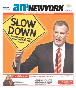 The amNewYork cover after Bill de Blasio's traffic safety announcement this week. 