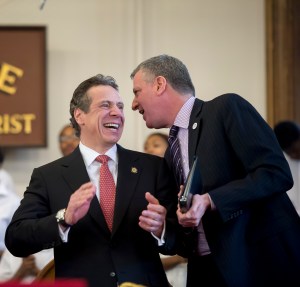 Andrew Cuomo and Bill de Blasio together in Albany last Sunday. (Cropped photo: Rob Bennett/NYC Mayor's Office)