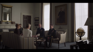 The scene where Claire Underwood confronts military commanders with their controversial brochure. (screengrab: Netflix)