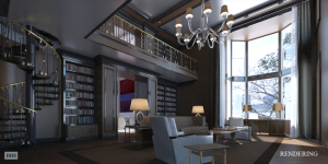 The imagined library of the mega-townhouse,  never to become a reality. 