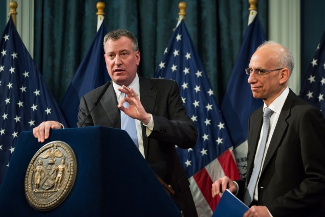 Bill de Blasio presenting his first budget. (Photo: Poll/The New York Times)