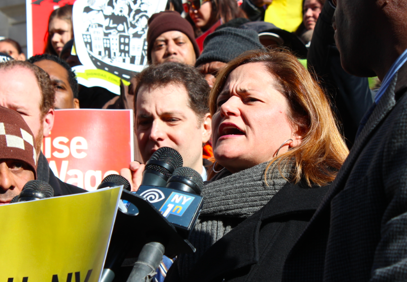 Melissa Mark-Viverito and other advocates rallying earlier today.