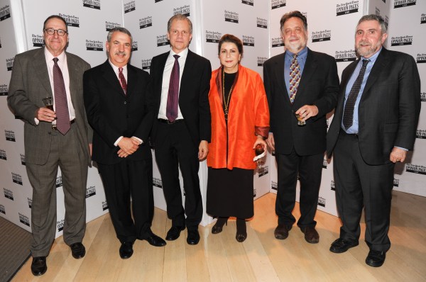 From left, Joe Nocera, Thomas L. Friedman, Arthur Sulzberger Jr., Carmen Reinhart, Andrew Rosenthal, Paul Krugman. 
