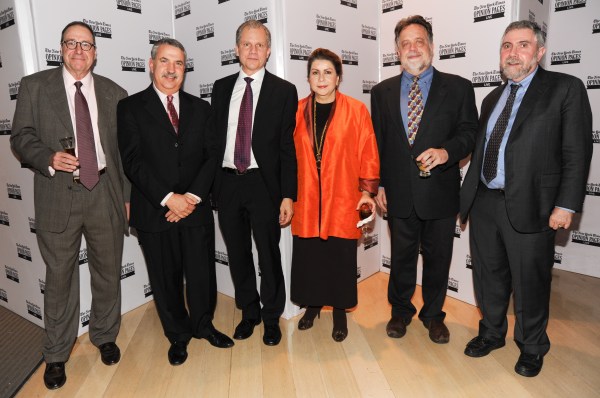 From left, Joe Nocera, Thomas L. Friedman, Arthur Sulzberger Jr., Carmen Reinhart, Andrew Rosenthal, Paul Krugman.
