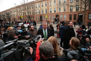 Bill de Blasio speaking to reporters at today's parade.