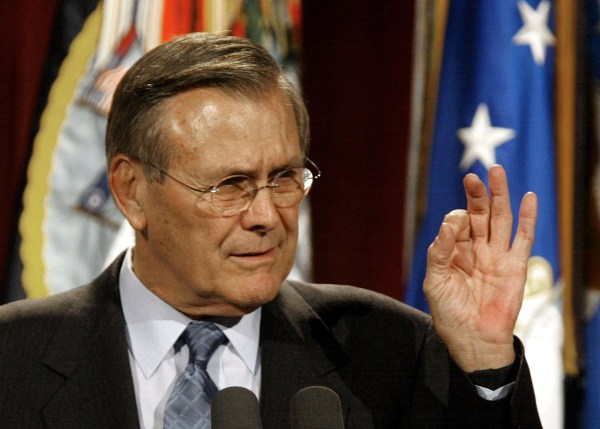 Rumsfeld telling an audience at the National Defense University in 2002 that the U.S. faced attacks "vastly more deadly" than September 11. (Photo: Getty Images)
