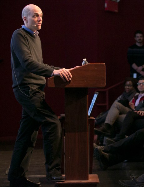 Alain de Botton speaks at the Brooklyn Academy of Music. (Photo by Beowulf Sheehan)