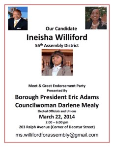 A poster for Ineisha Williford's kickoff this weekend, featuring Borough President Eric Adams and Councilwoman Darlene Mealy.