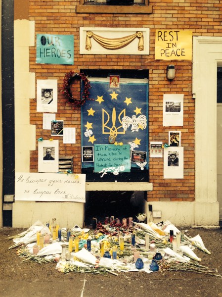 A memorial on Second Avenue, next to Veselka, for the 100+ Ukranian protesters killed last month. (Photo by Mark Stinson)