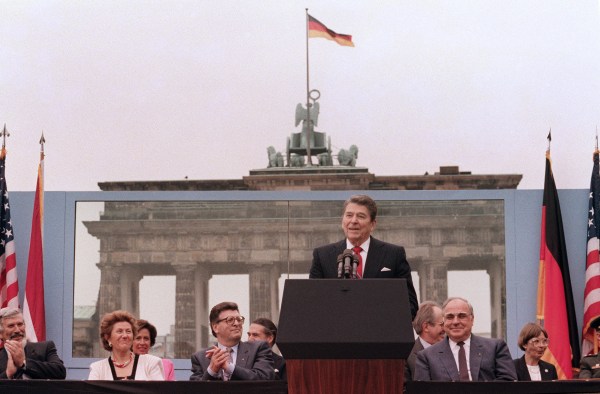 Ronald Reagan at the Brendenburg Gate in 1987. (Photo via Getty Images)