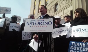 Rob Astorino launches his campaign next to a "Thank You Governor Cuomo" sign.