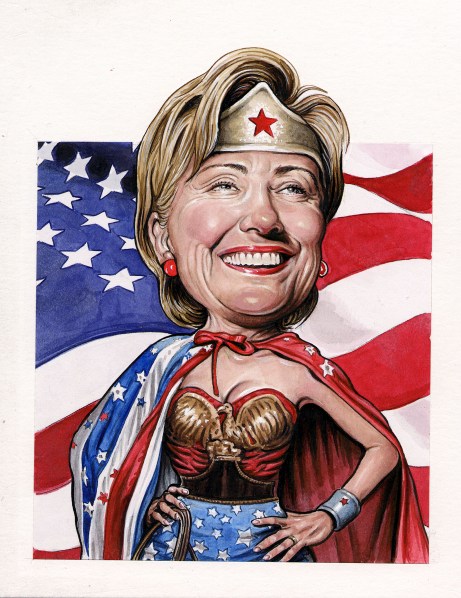 Hillary Clinton, prescient media critic. (Drew Friedman for the Observer)