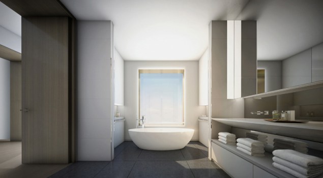 A bathroom with free-standing tub.