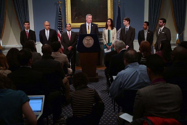 Mayor Bill de Blasio and today's appointees. (Photo: Ed Reed/NYC Mayor's Office)