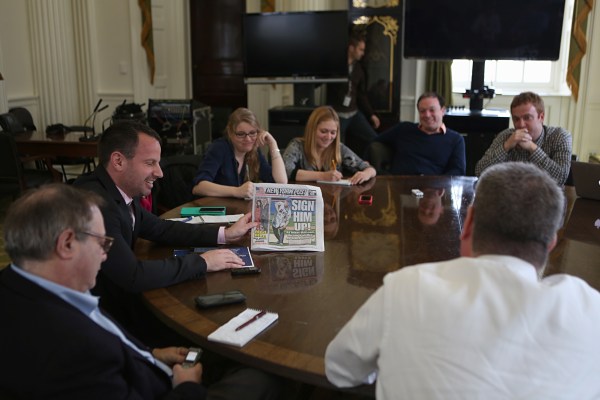 Mayor Bill de Blasio admiring the New York Post earlier today. (Photo: Rob Bennett/NYC Mayor's Office)