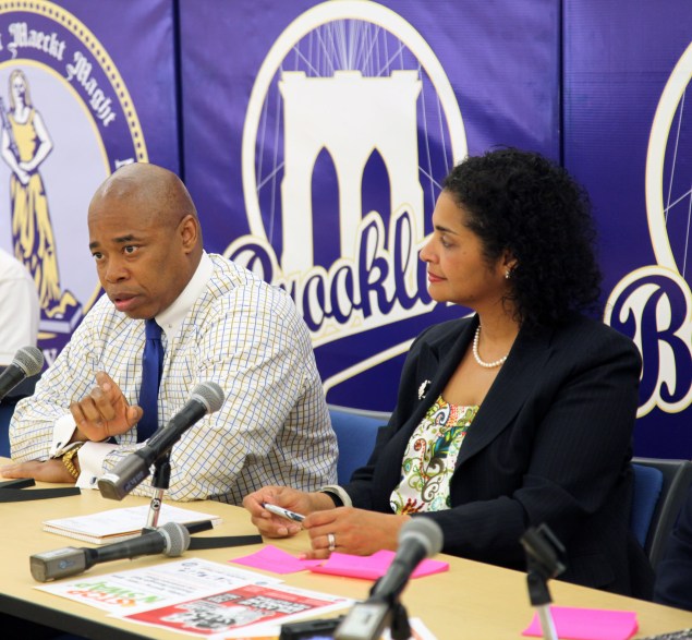 Borough President Eric Adams speaking with reporters yesterday. (Photo: Brooklyn Borough President's Office)