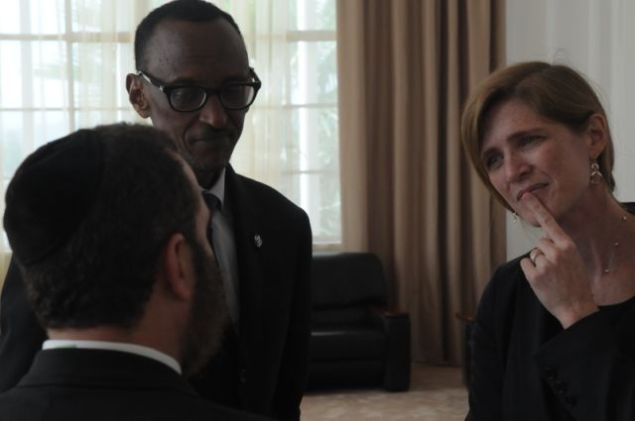 The author meets with Rwandan President Paul Kagame and Samantha Power, United States Ambassador to the United Nations, in Rwanda today to commemorate the 20th anniversary of the Rwandan genocide. (Photo courtesy of Rabbi Shmuley Boteach)