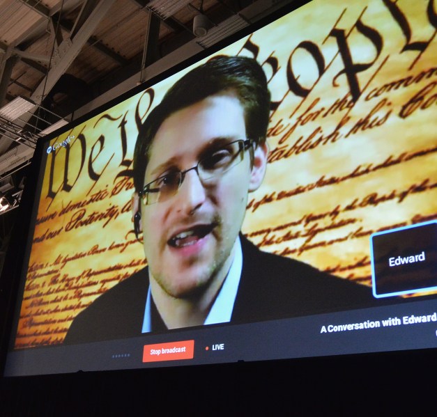 Edward Snowden speaks at SXSW. (Photo via Getty Images)