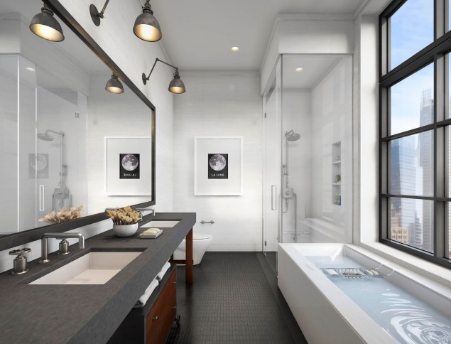 A rendering of a bathroom, complete with industrial flair. 