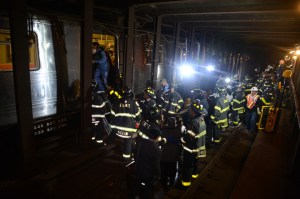 Scene at derailment of F train south of the 65 St. station in Woodside, Queens on Friday. (Photo: Marc Hermann/MTA)