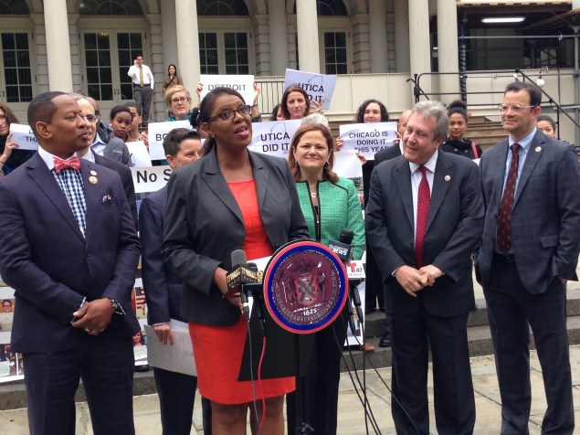 Public Advocate Tish James, surrounded by City Council members, speaks at a rally for universal free lunch. (Photo: Paula Duran)