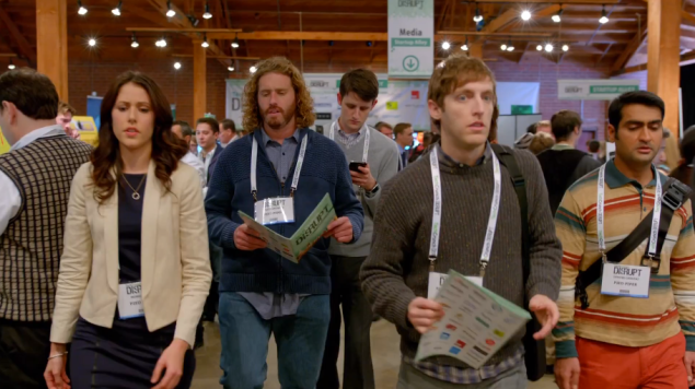 The Pied Piper team arrives at TechCrunch Disrupt. (Screengrab via HBO)