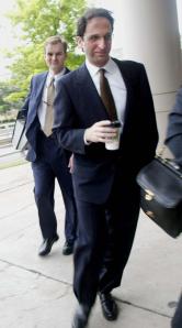 Andrew Weissmann (right) followed by Matt Friedrich as they arrive at the federal courts building in Houston, Texas for the Arthur Andersen trial, May 2002. (Photo credit JAMES NIELSEN/AFP/Getty Images)