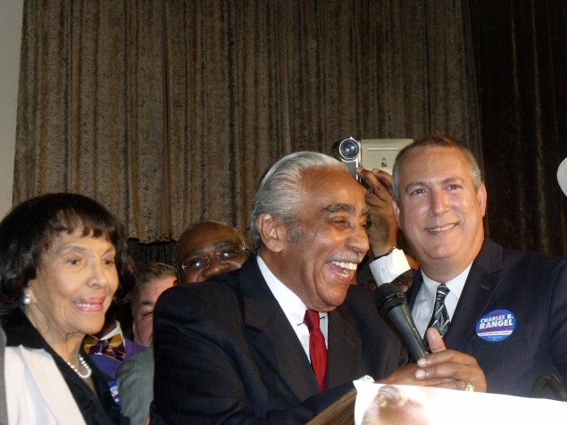 Congressman Charlie Rangel on stage just before declaring victory Tuesday night.