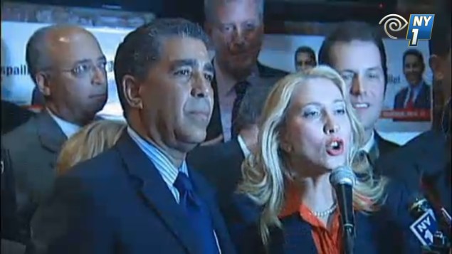 Assemblywoman Gabriela Rosa with ally State Senator Adriano Espaillat and the future mayor, Bill de Blasio in 2012. (Screengrab: NY1)