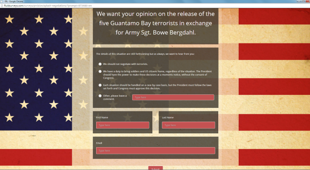 Photo: Screen capture. A survey on Congressman Michael Grimm's campaign website asks voters to weigh in on the Bowe Bergdahl prisoner swap.