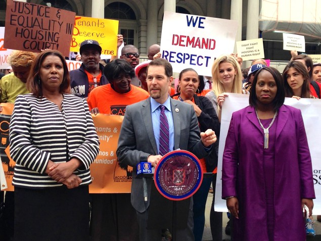 Tish James, Mark Levine and Vanessa Gibson announce Intro 214. (Photo: Paula Duran)