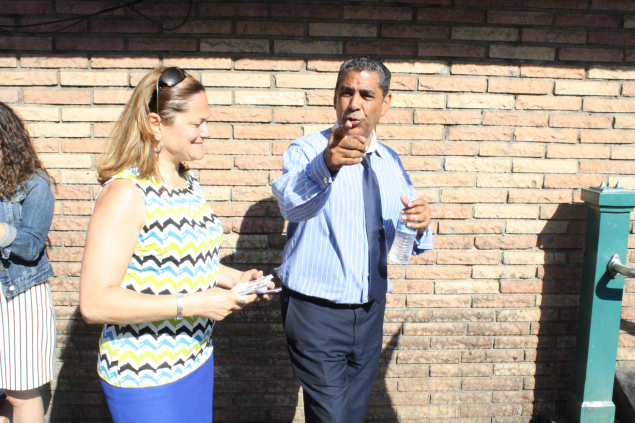 State Senator Adriano Espaillat campaigning with  Council Speaker Melissa Mark-Viverito on Tuesday. (Photo: Ross Barkan)