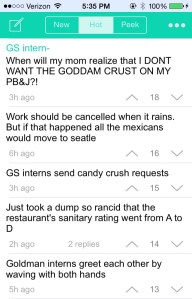 A screenshot of the Goldman hate on the NYC Yik Yak.