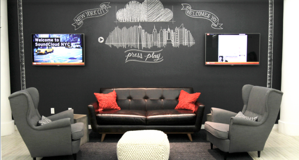 Chalkboard wall appears to deviate from the whiteboard wall standard set by so many midtown tech offices. (Photo via SoundCloud)