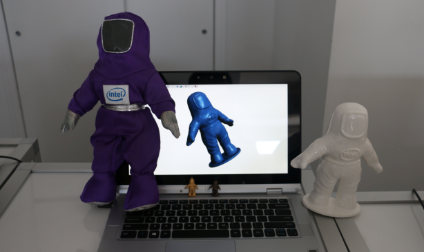 Before the show, the team used the tablet to scan the Intel Bunny doll on the left, which built the rendering in the center. The white model on the right is a 3D printed replica made from the rendering. (Photo by Jack Smith IV)