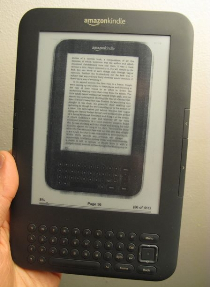 This is a picture of a Kindle displaying a digital copy of a paper book of a digital copy of a paper book. (Photo via Jesse England)