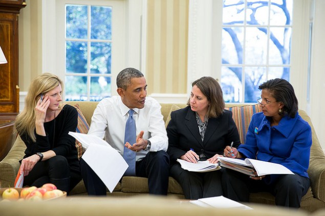 President Barack Obama meets with, from left: Kathryn Ruemmler, Lisa Monaco, and Susan E. Rice (White House Flickr photo by Pete Souza)