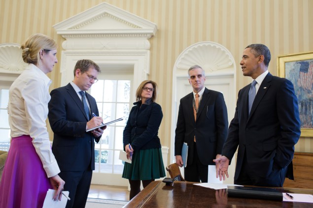 A worshipful Kathryn Ruemmler looks with awe at a President to whom she was longest-serving White House counsel. (White House Flickr photo by Pete Souza)