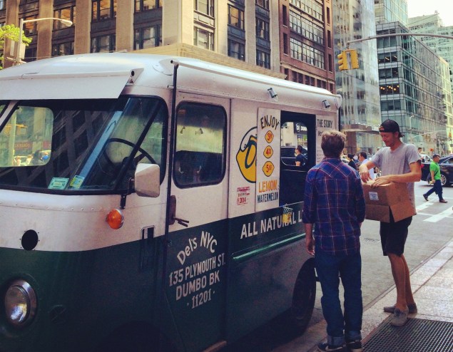 With a vintage truck and classic slushee, Del's Frozen Lemonade, a Rhode Island import,  has made it in the Big Apple. (Photo by Madeline Berg)