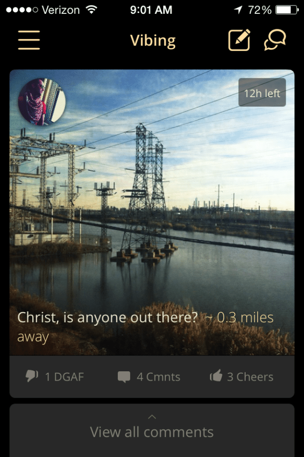 All statuses are photos with optional captions, and people swipe left and right to either like them or say that they Don't Give a Fuck. (Photo by Jack Smith IV)