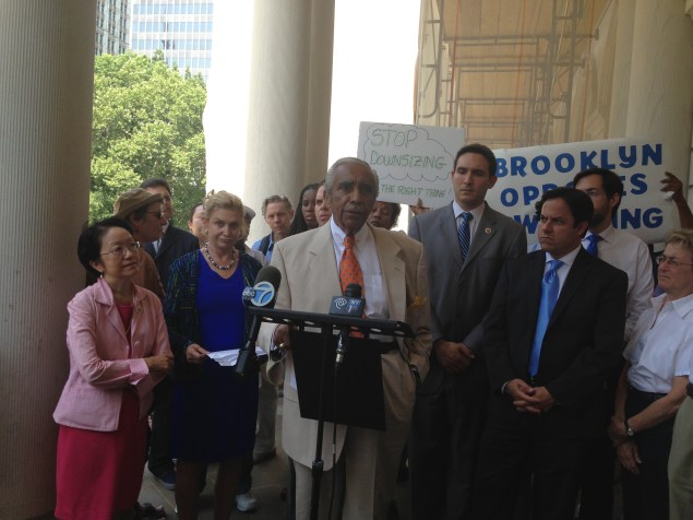 Congressman Charlie Rangel speaks at a rally with the Housing Alliance Against Downsizing.