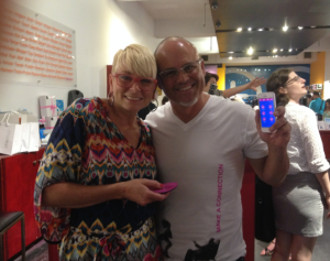 Suki and Brian Dunham show off OhMiBod's new product, blueMotion, at their Babeland launch party. (Photo by Jordyn Taylor)