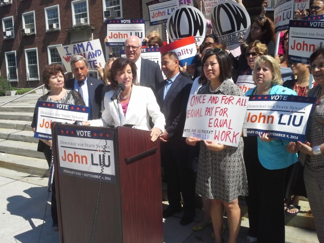 Kathy Hochul speaks at a rally for John Liu today. (Photo: Ross Barkan)