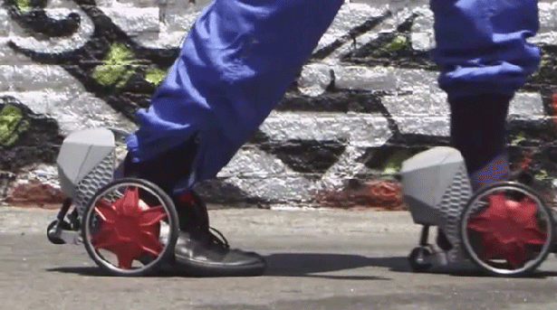Rocketskates are motorized and balanced-based — like little Segways for your feet. (Image via Rocketskates)