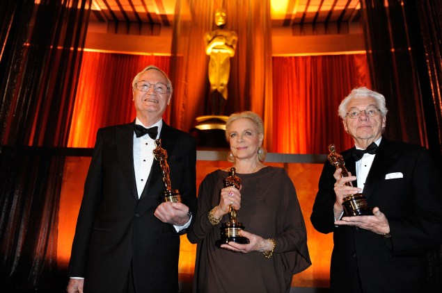 Director Roger Corman, Actress Lauren Bacall and Gordon Willis (Photo by Kevork Djansezian/Getty Images)
